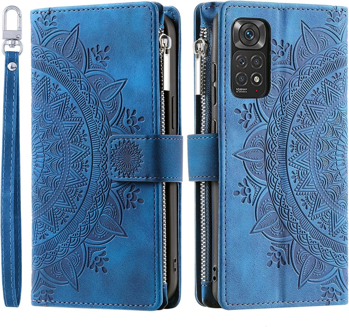 Hoes voor mobiele telefoon voor Xiaomi Redmi Note 11S, klapbare telefoonhoes met bloemenmotief, beschermhoes met kaartenvak, Redmi Note 11, mobiele telefoonhoes, boekcover, flip case, standaard, blauw
