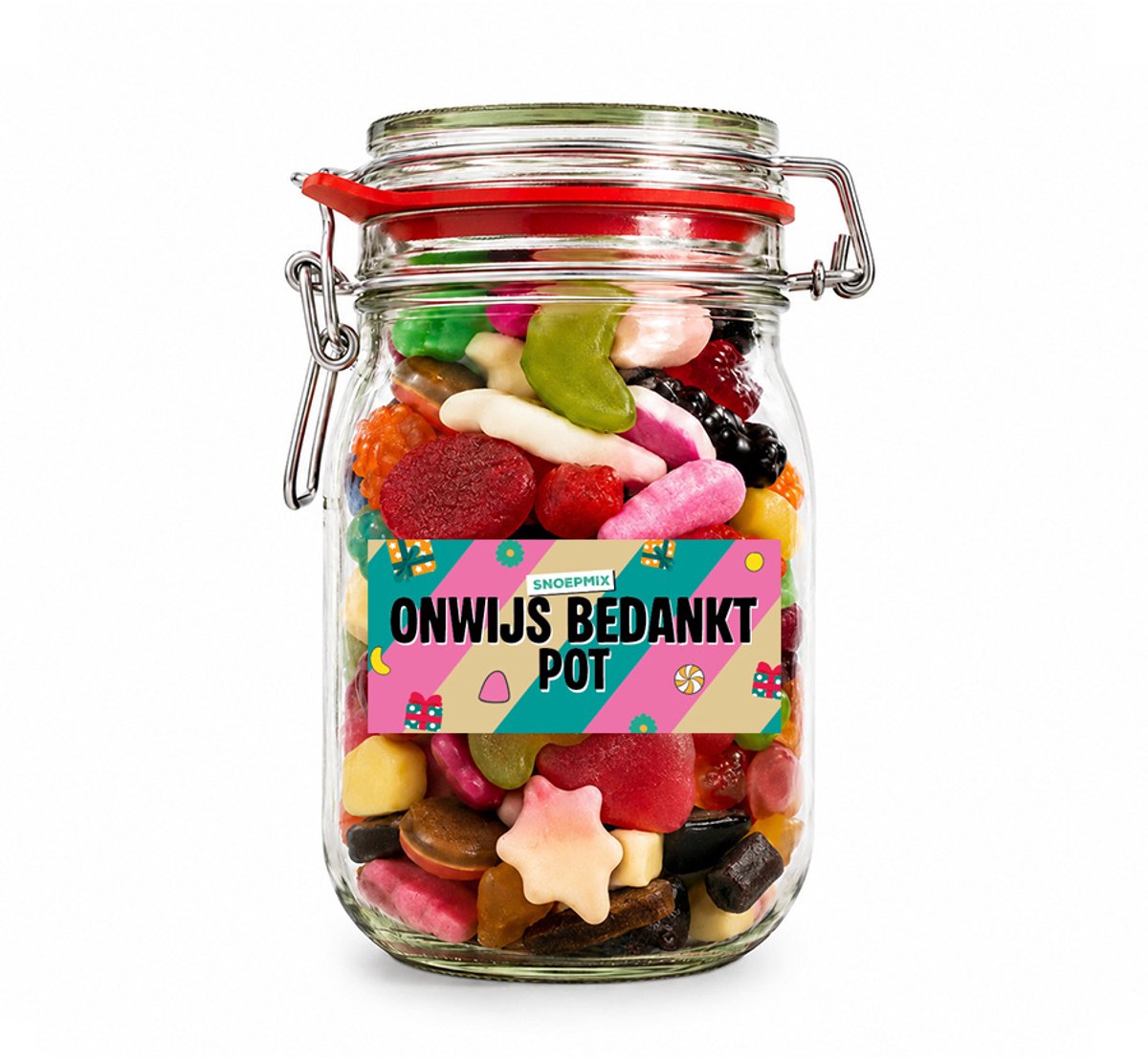 Snoeppot weck "Onwijs Bedankt Pot" mix snoep (1000 ml)