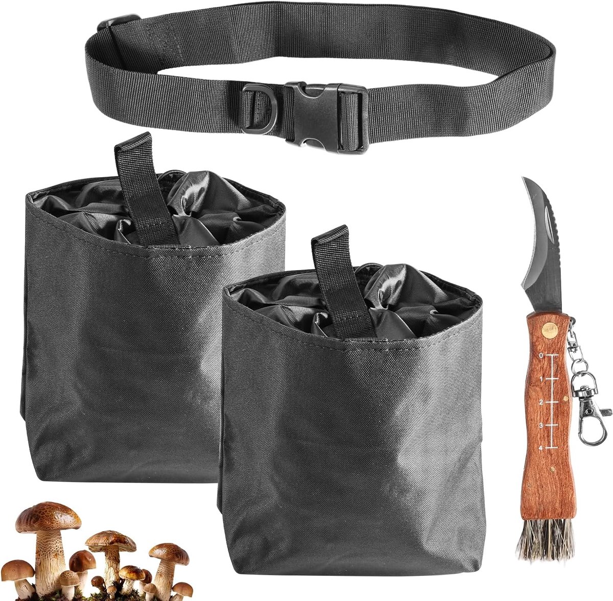 4 stuks paddenstoeljachttas, paddenstoelmes, paddenstoelmes met borstel en liniaal, grote paddenstoelverzameltas, sponsmes met kwast en tas, cadeau voor paddenstoelverzamelaars