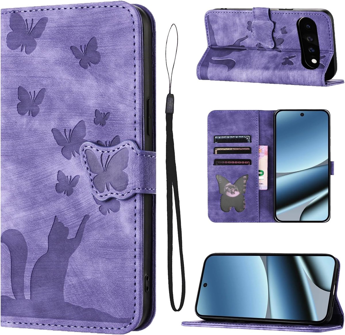 Telefoonhoesje voor Google Pixel 11 Pro XL, PU-leer, met kaartsleuven, beschermhoes, inklapbaar, flip case, standfunctie, paars