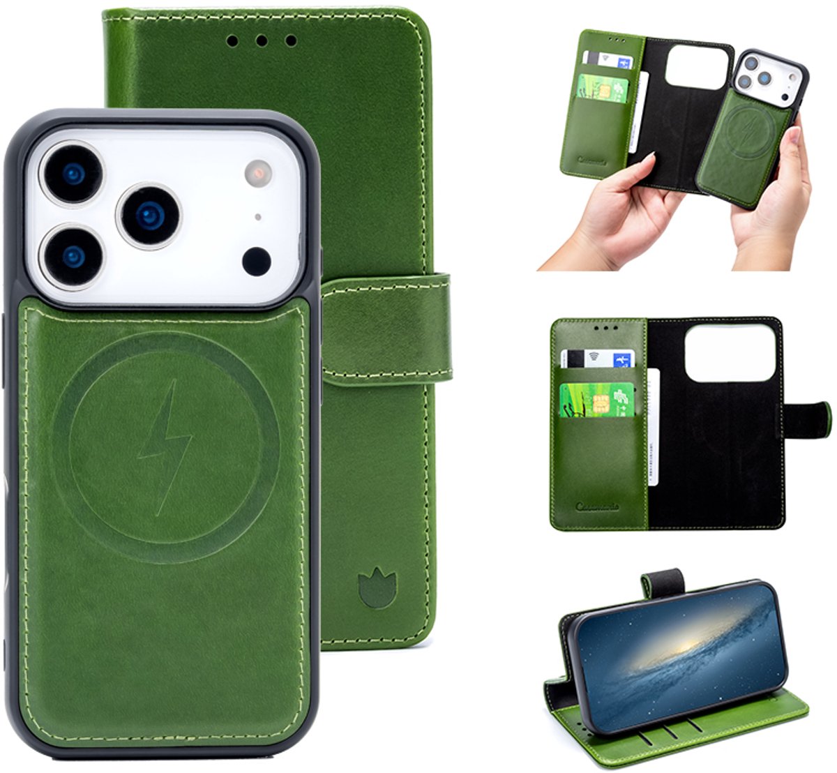 Casemania Echt Leren Hoesje Geschikt voor Apple iPhone 18 Pro Max - Olive Green - Geschikt voor MagSafe - Leer 2 in 1 Magnetisch Afneembare Book Case - Portemonnee Telefoonhoesje met Pasjeshouder