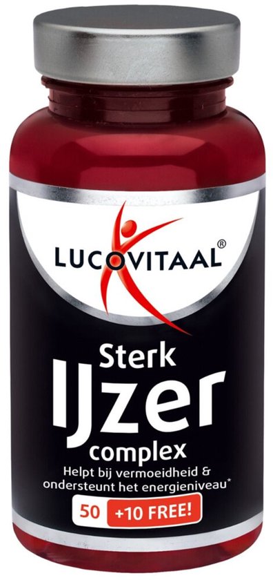 Een rode pot met een zilveren deksel met het logo van Lucovitaal en de tekst 'Sterk IJzer complex'.