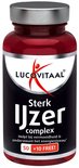 Een rode pot met een zilveren deksel met het logo van Lucovitaal en de tekst 'Sterk IJzer complex'.