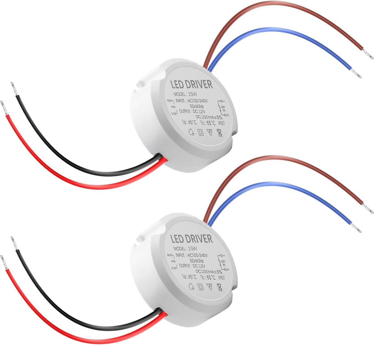 12 V mini-voeding: 2 stuks transformator 230 V naar 12 V transformator, 15 W 1,25 A LED-voeding, waterdichte IP67 ronde transformator voor plafondspots