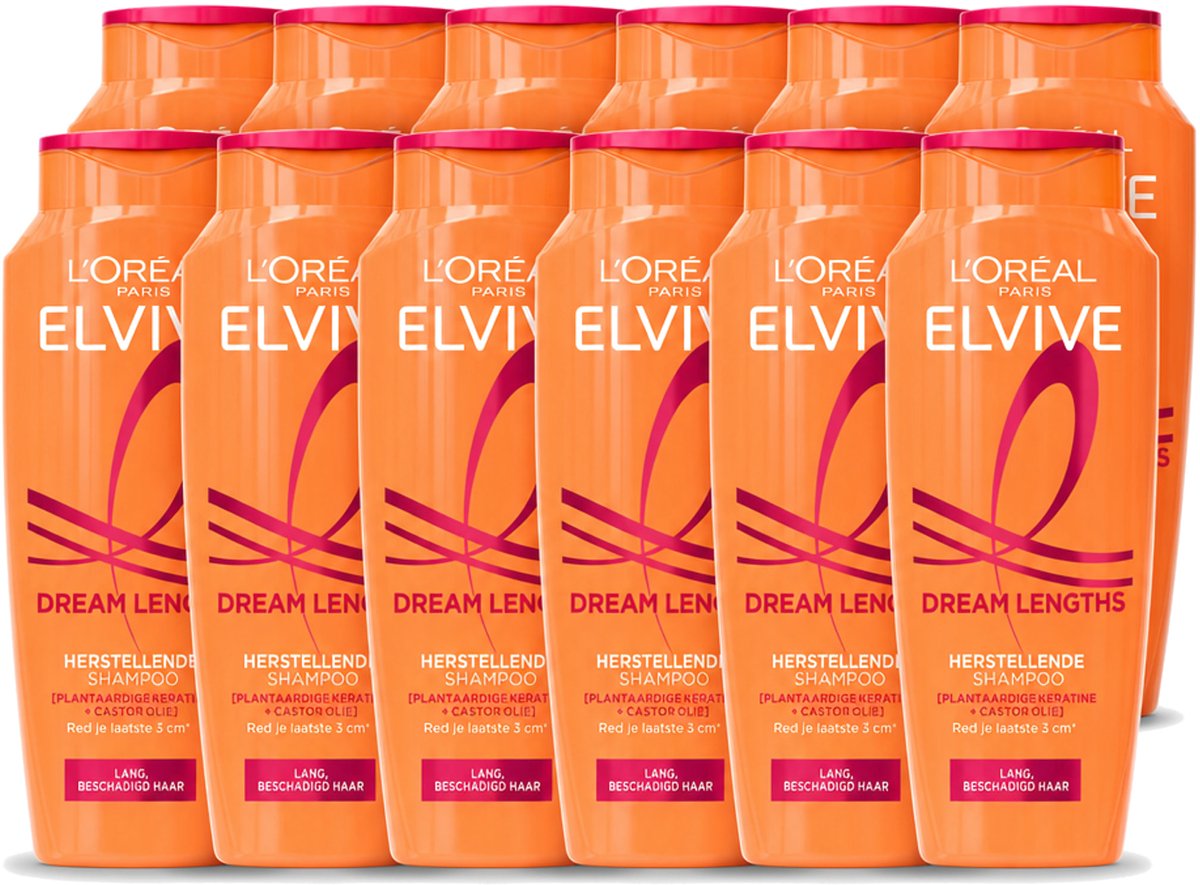 12 x L'Oréal Paris Elvive - Shampoo - Dream Lengths - Voor Lang, Beschadigd Haar - 250 ml - Voordeelverpakking - 12 stuks