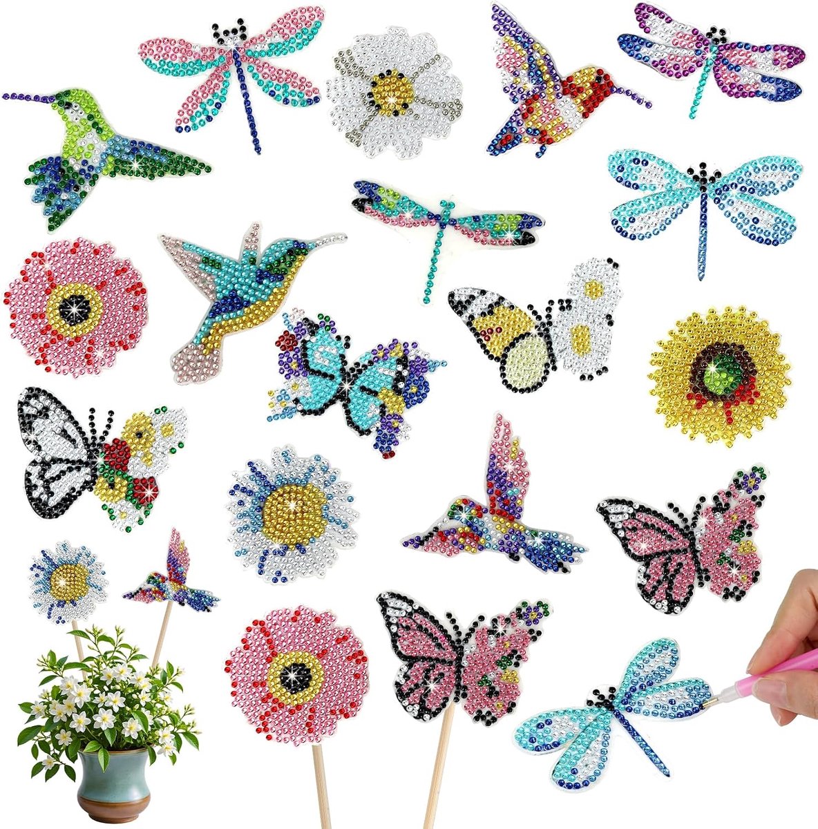 xinyids 16 stuks diamond painting vlindersets, 4 motieven per vlinder, vogels, libellen en bloemen, doe-het-zelf zelfklevend diamantschilderij om in plantenpotten, bloembakken en balkon te steken.