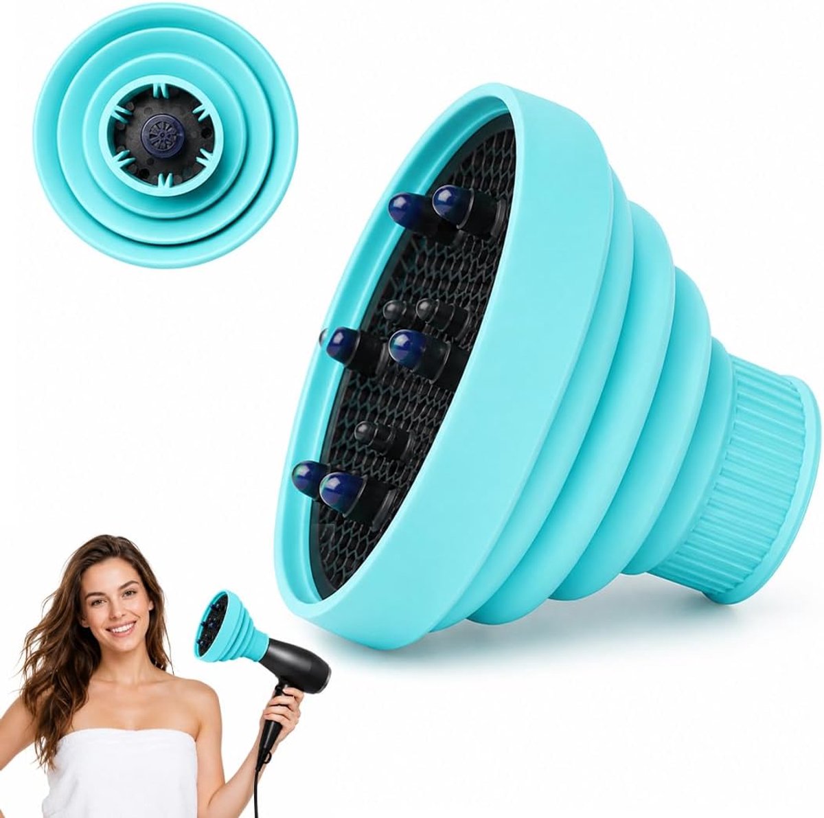 Diffuser voor krullend haar, universele haardiffuser, siliconen, opvouwbaar, voor dagelijks thuisgebruik (lichtblauw)