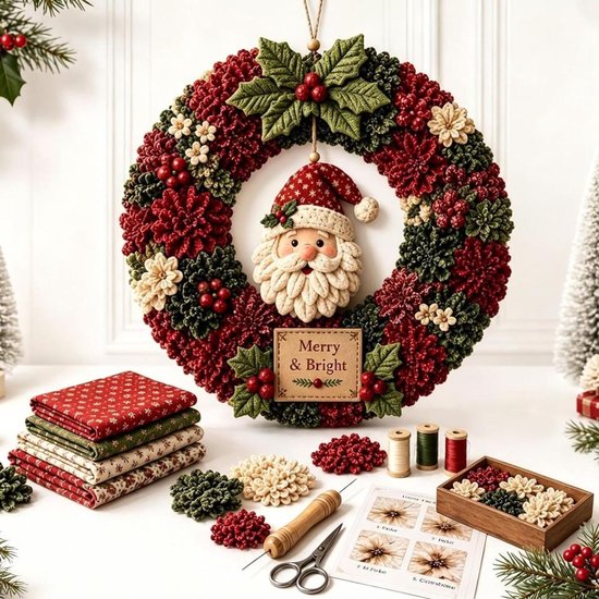 Kerstkrans met stoffen bloemen in rood, groen en crème, met een stoffen Kerstman en een bordje 'Merry & Bright'. Ook met hulst en bessen.