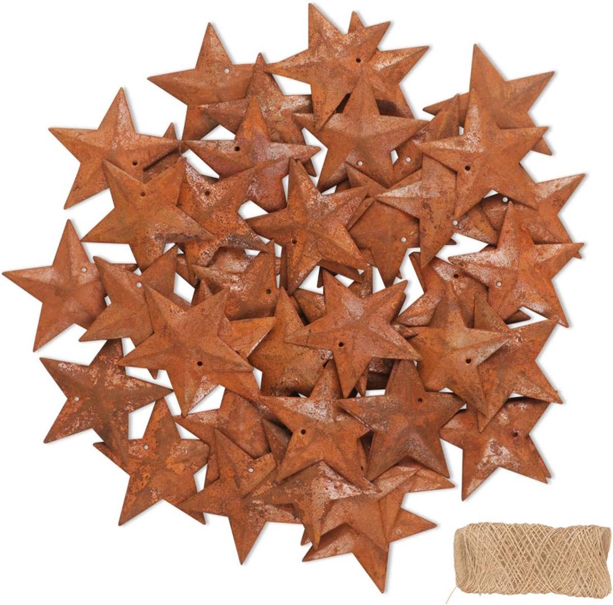 Dailygoods- Metalen Sterren 50 Stuks - Roestige Decoratie - Hangende Versiering - Jute Touw - 3D Ontwerp - Duurzaam Metaal - Decoratiesterren