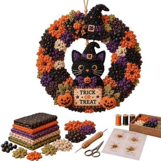DIY Halloween Stof Krans Pakket - DIY Patchwork Set - 3D Stoffen Kerstkrans - Kerstkrans Zelf Maken - DIY Knutselpakket - Wanddecoratie - DIY Stof Prikkunst - Fabric Art Kit - handwerk set - Halloween Decoratie & Versiering - Zwarte kat