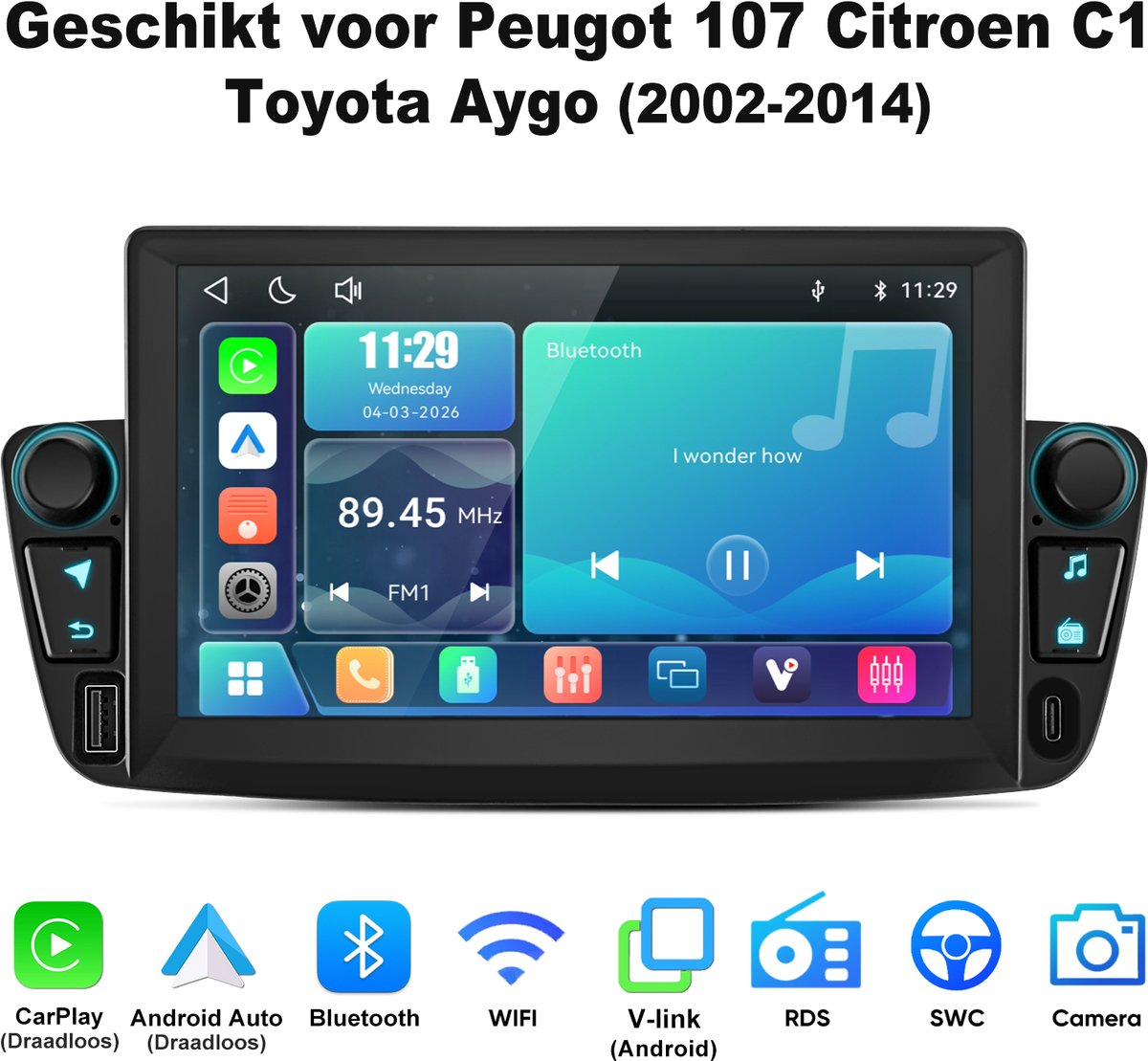 Junsun Linux Systeem Draadloze CarPlay & Andriod Auto Autoradio Geschikt Voor Peugeot 107 Citroen C1 Toyota Aygo Accessoires - Bluetooth - Navigatie - 7-inch Touchscreen - Stuurwielbediening - WiFi - USB - RDS - Plug & Play