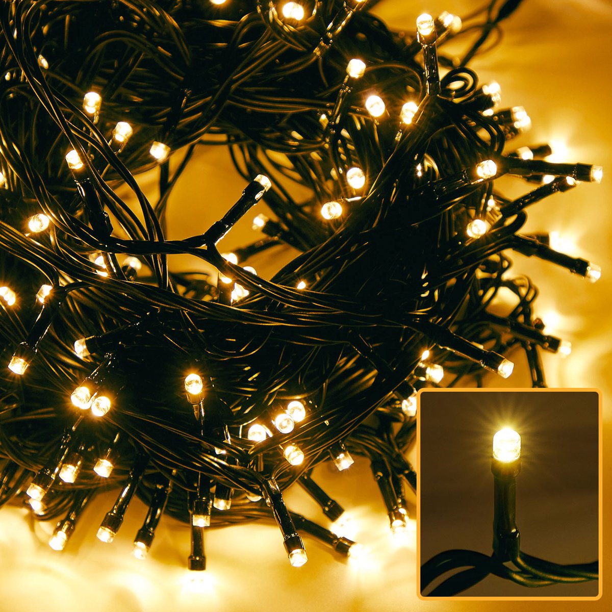 Lapamax LED Lichtsnoer - Kerstverlichting 20 m 200 LEDs Warm Wit - EU-stekker - 31 V Laagspanning met Timer, Geheugen en 8 Lichtstanden - Kerstboomverlichting met 5 m Aanloopsnoer - voor Raam en Muur