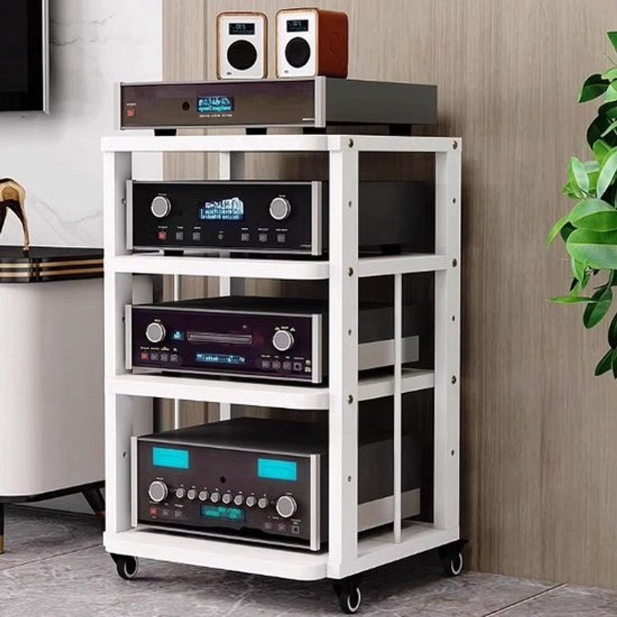 Audio Opbergrek - Muziekmeubel - Apparatuur Organiseren - Verrijdbaar Onderstel - 4 Lagen 80cm - Wit