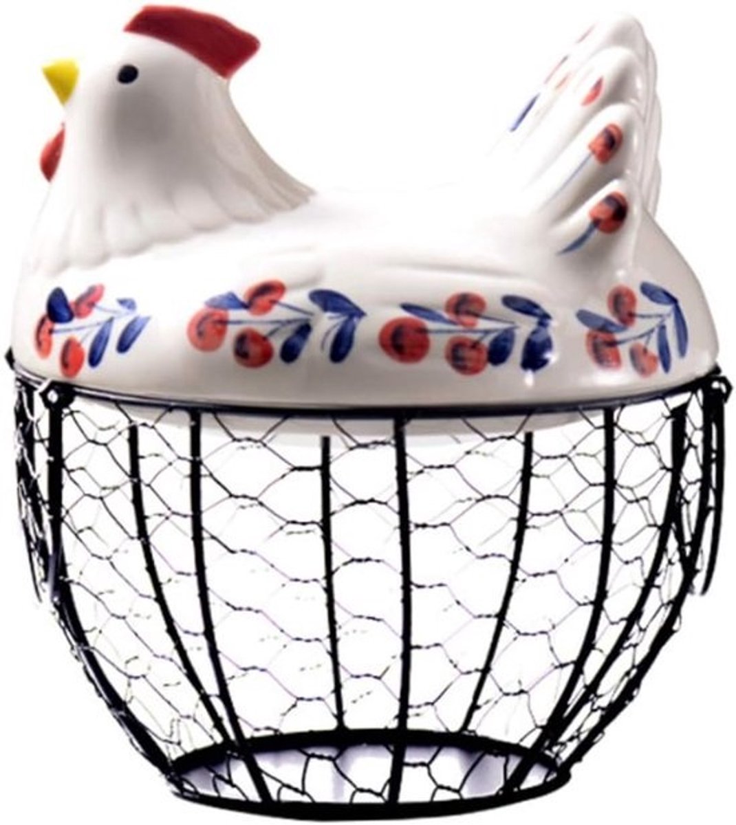 Eiermand Metaal - Fruitmand Keuken - Verse Eieren Bewaren - Met Decoratieve Kip - 26x26x20 cm - Zwart