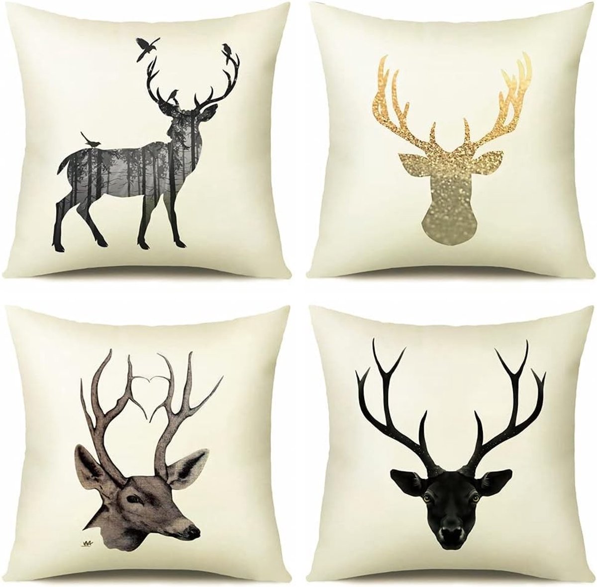 Zachte Fluwelen Kussenhoezen met Elken en Hertenprint, Set van 4 Decoratieve Kussens voor Bank en Slaapkamer, 45 x 45 cm, Ideaal voor Woondecoratie en Comfort