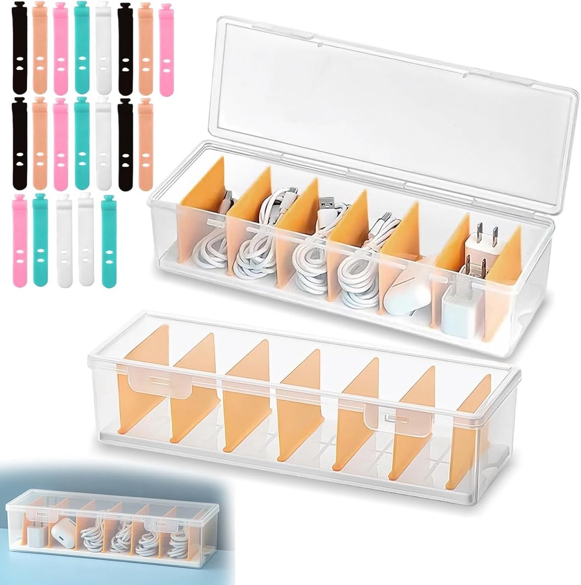 Organiseer je kabels met een transparante kabeldoos met deksel, 20 kabelbinders en verstelbare vakken, ideaal voor kantoor en thuis, kabelbeheer en opladen