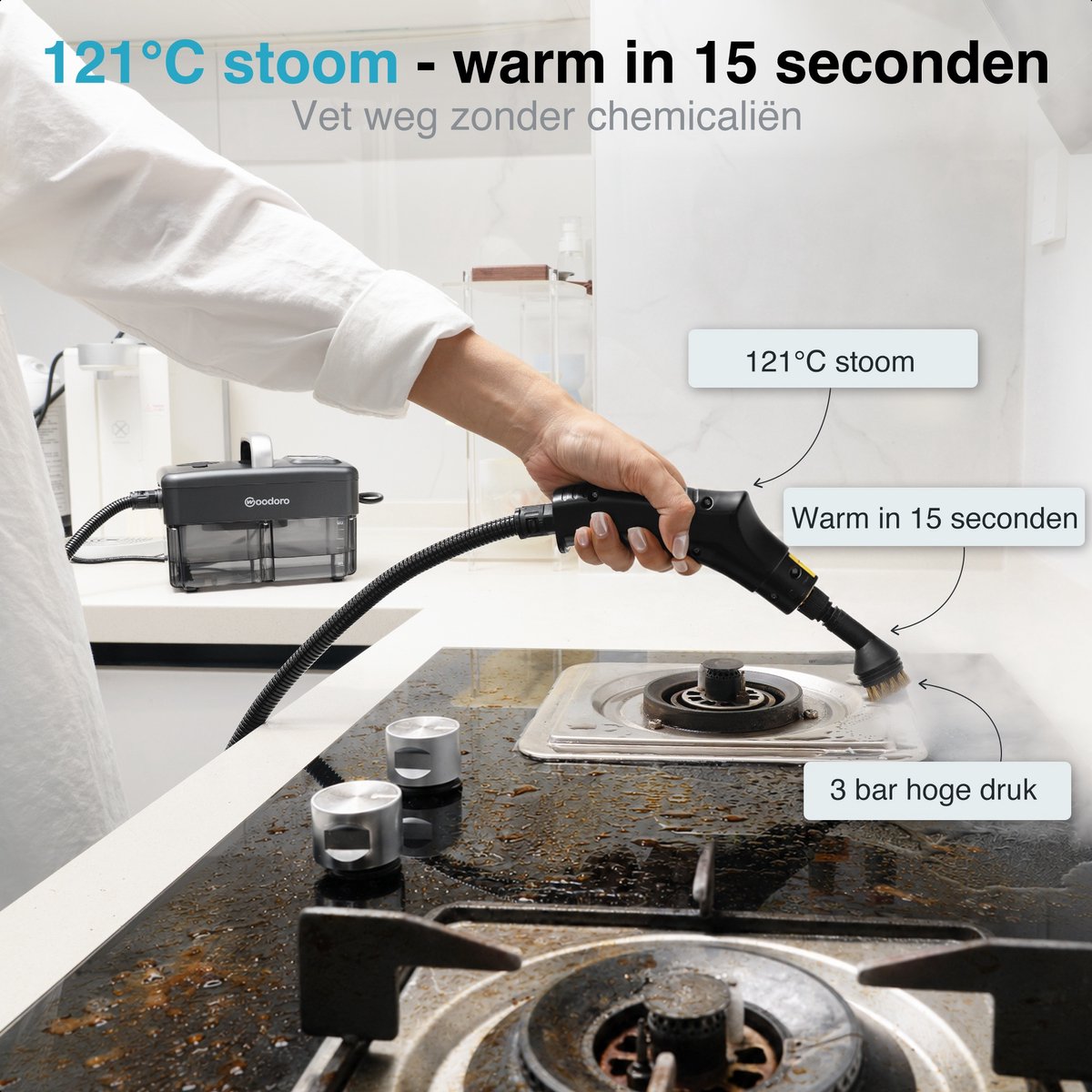 Stoomreiniger 121°C – In 15s Warm – 60 Min Stomen – 6 Standen – Handstomer voor Bank, Vloer, Badkamer, Keuken, Auto, Tapijt – Vlekkenreiniger – Handstoomreiniger – 1.6L Steam Cleaner – Woodoro thumbnail 5