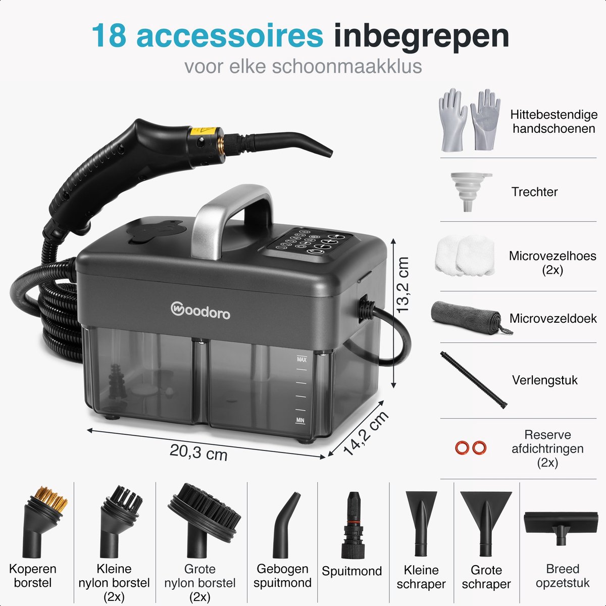 Stoomreiniger 121°C – In 15s Warm – 60 Min Stomen – 6 Standen – Handstomer voor Bank, Vloer, Badkamer, Keuken, Auto, Tapijt – Vlekkenreiniger – Handstoomreiniger – 1.6L Steam Cleaner – Woodoro thumbnail 4