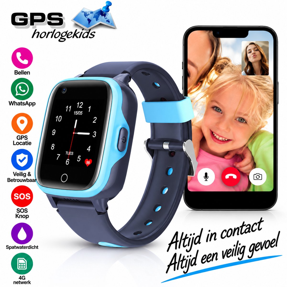 GPSHorlogeKids - GPS horloge kind – smartwatch kinderen – WhatsApp – 4G videobellen – spatwaterdicht – GPS tracker – SOS alarm – incl. simkaart en online installatie hulp – Fox Blauw