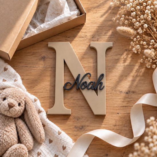 Gepersonaliseerd naambordje kinderkamer met naam en initiaal – Beige/Zwart – Keuze uit lettertypen — afbeelding 3