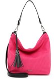 Fuchsia schoudertas met zwart kwastje en zilverkleurig logo.