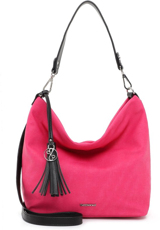 Fuchsia schoudertas met zwart kwastje en zilverkleurig logo.