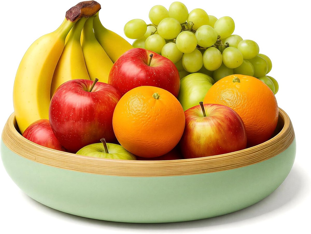Culture Grote bamboe fruitschaal 30 cm, handgemaakte slakom van hout in saliegroen, duurzaam voor keuken, eettafel en zomerbarbecue