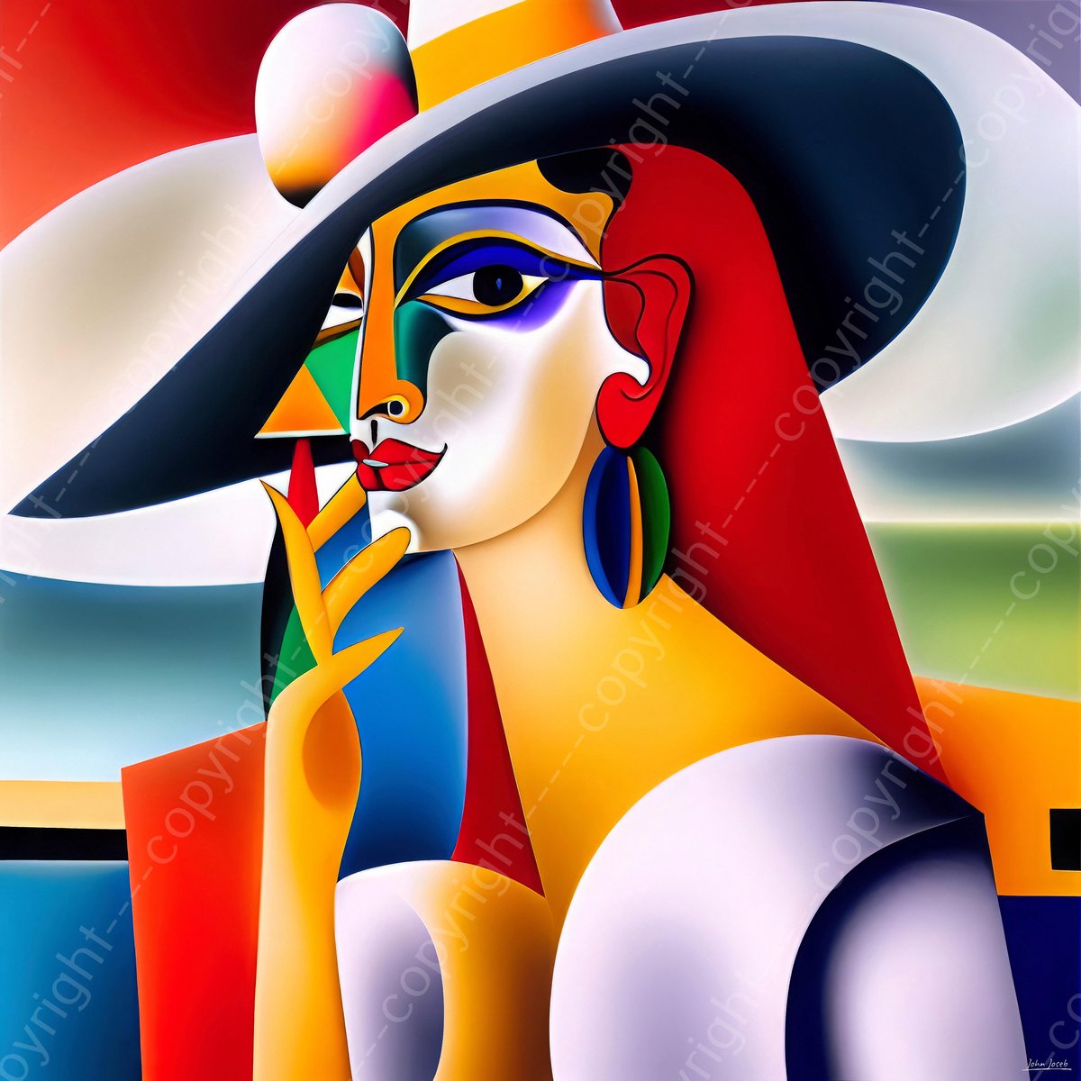 John Joseb Art (Aluminium) 100x100 | Vrouw, Picasso / Salvador Dali stijl, kleurrijk, felle kleuren, abstract, kunst, woonkamer slaapkamer | vierkant, portret, gezicht, tropisch, Zuid Amerika, goud, groen, geel, blauw, rood, modern | foto-schilderij