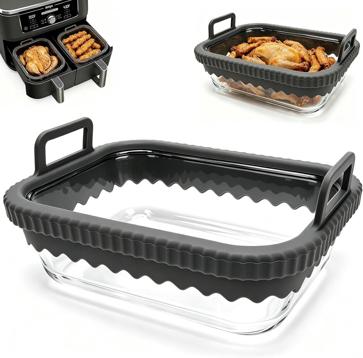 airfryer voor Ninja AF400EU/DZ400EU/AF500EU/SL400EU/COSORI heteluchtfriteuse 2 kamers, glazen ovenschaal, glazen container met siliconen handgrepen (Grijs)
