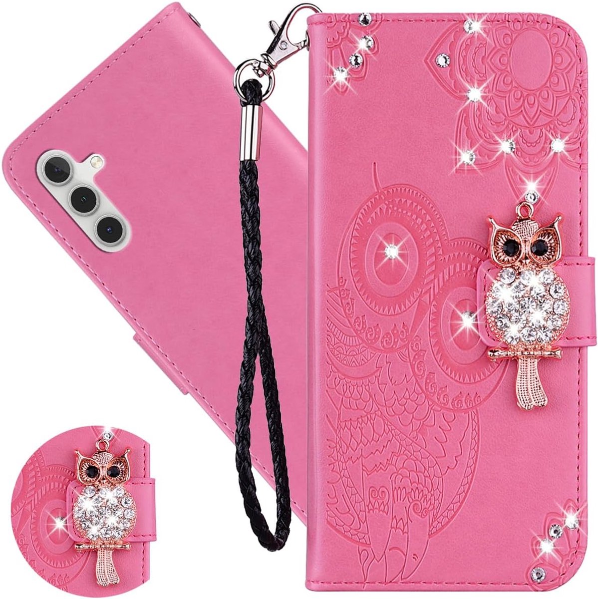 Uil reliëf hoesje voor Samsung Galaxy S24, Bling Glitter Sparkly PU lederen portemonnee schokbestendig flip magnetische vrouwen hoesje met standaard kaartsleuven voor Samsung Galaxy S24. YK