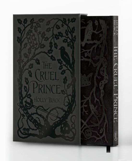 Boîte de rangement noire avec des silhouettes surélevées et ornées de feuilles, d'un oiseau et d'étoiles. Le titre 'The Cruel Prince' est affiché au centre.