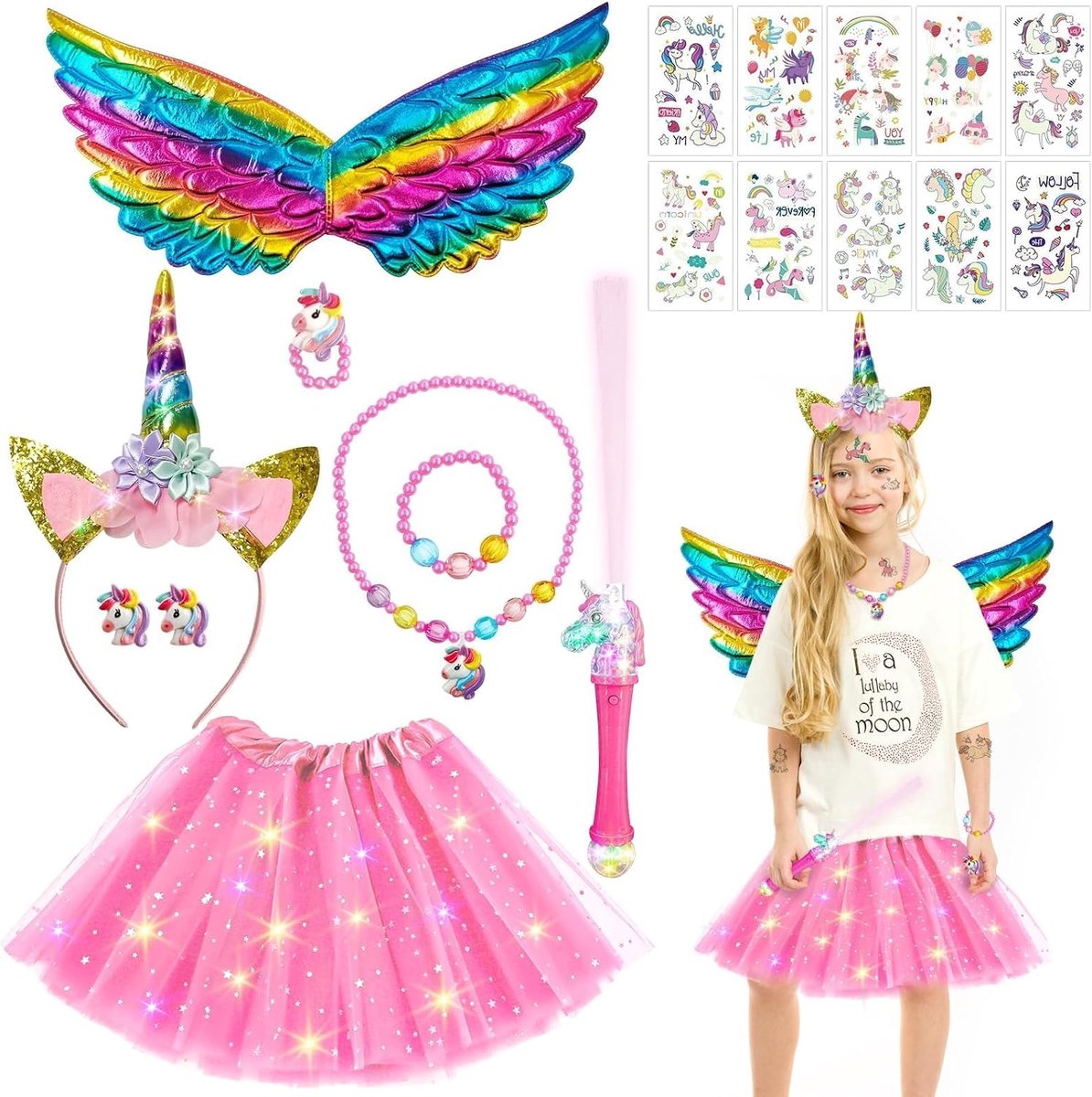 eenhoornkostuum, met 60 cm engelenvleugels, veervleugels, halo, eenhoorn, haarband, toverstaf, led-tutu tule rok, voor Halloween, carnaval, cosplay, party.