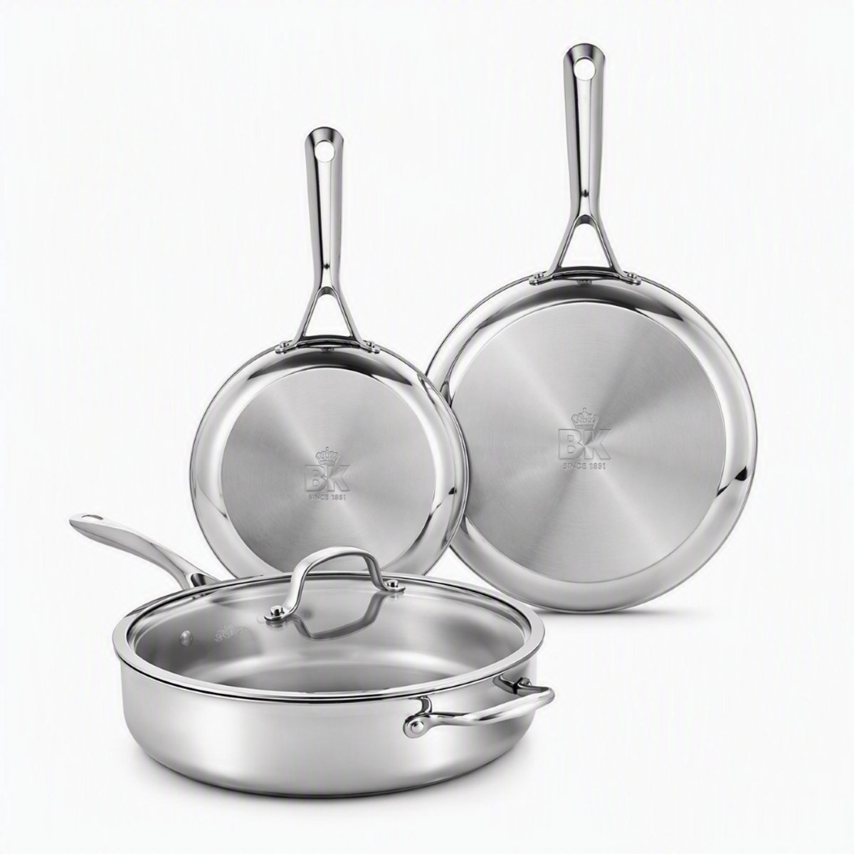 BK Sparkling Uncoated Pannenset 3-delig - Koekenpannen 24 cm + 28 cm + Hapjespan met deksel 28 cm/3,6L - Zonder antikleeflaag - Pannenset inductie - RVS pan - Ovenbestendig tot 230°C - RVS handgrepen - Zilver