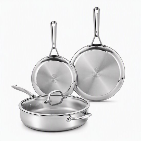BK Sparkling Uncoated Pannenset 3-delig - Koekenpannen 24 cm + 28 cm + Hapjespan met deksel 28 cm/3,6L - Zonder antikleeflaag - Pannenset inductie - RVS pan - Ovenbestendig tot 230°C - RVS handgrepen - Zilver