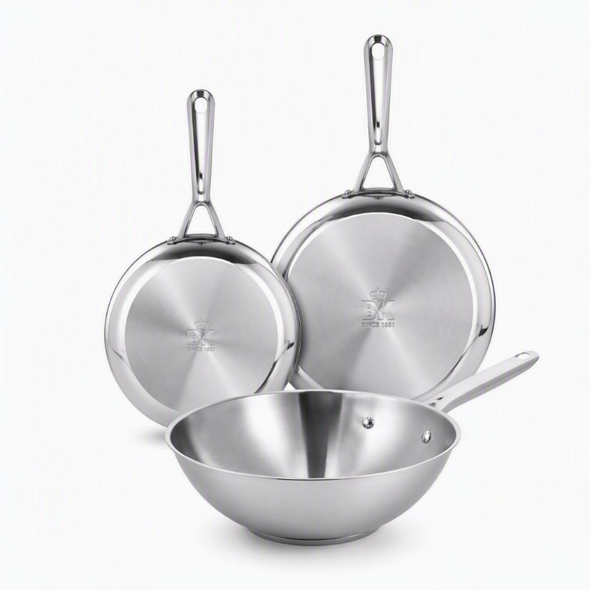 BK Sparkling Uncoated Pannenset 3-delig - Koekenpannen 24 cm + 28 cm + Wokpan 28 cm/4,2L - Zonder antikleeflaag - Pannenset inductie - RVS pan - Ovenbestendig tot 230°C - RVS handgrepen - Zilver