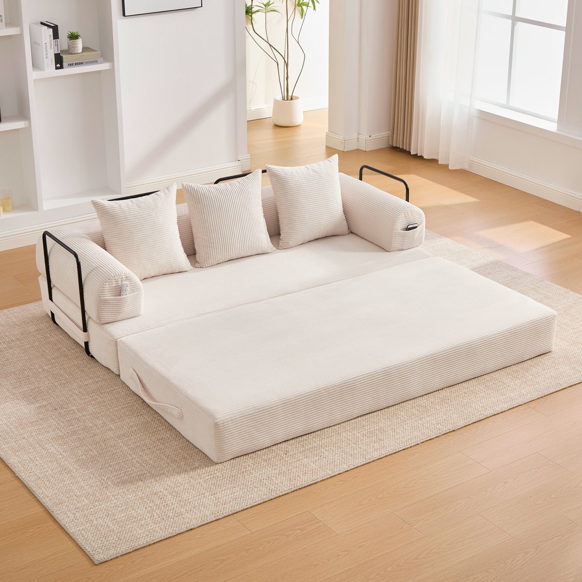 COVREO Slaapbank met 3 kussens – 200x94x67 cm – Modulaire zitbank met metalen frame – Zitmeubel voor kleine woonruimtes – Beige