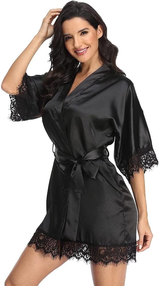 ochtendjas badjas satijn kort sexy kimono robe V-hals nachtkleding met riem nachthemd voor bruid bruidsmeisjes — afbeelding 2