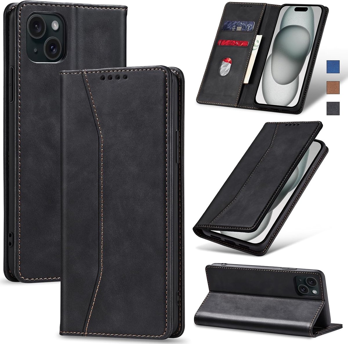 Hoesje voor iPhone 15 Plus Hoes Book case, Premium Lederen Flip Wallet Telefoon Case [Kickstand]Hoogwaardige cover mobiele telefoon case geval beschermhoes (Zwart)