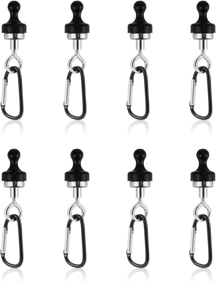 Magnetische Haken 8 Stücke Heavy Duty met Karabiner, Sterke Neodym Magnethaken Zwart voor Koelkast Whiteboard Keuken Büro, Camping Magneten Outdoor Haken Extra Sterke Garagemuur
