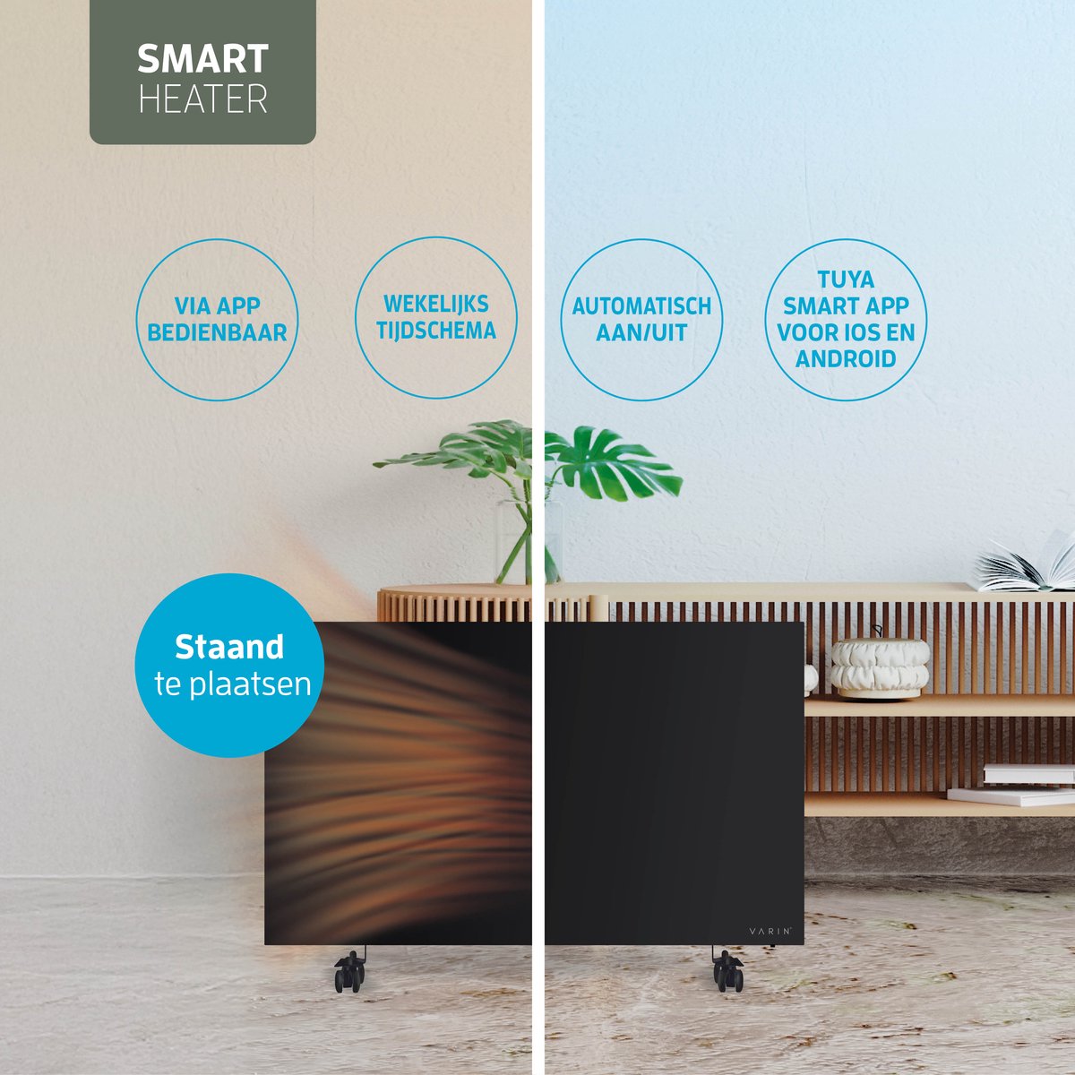 Varin® Smart Design Infrarood verwarmingspaneel - 600W - 100x60cm - Zwart glas - IP24 - Met thermostaat - Wandmontage of verrijdbaar - Elektrische verwarming - Infrarood paneel verplaatsbaar - Kachel - Heater bureau - Terrasverwarmer - Tuya Wifi – foto 2