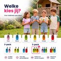 Vier kinderen in een tuin, elk met een Sencision walkie talkie in verschillende kleuren. 'Welke kies jij?' staat boven de afbeelding.