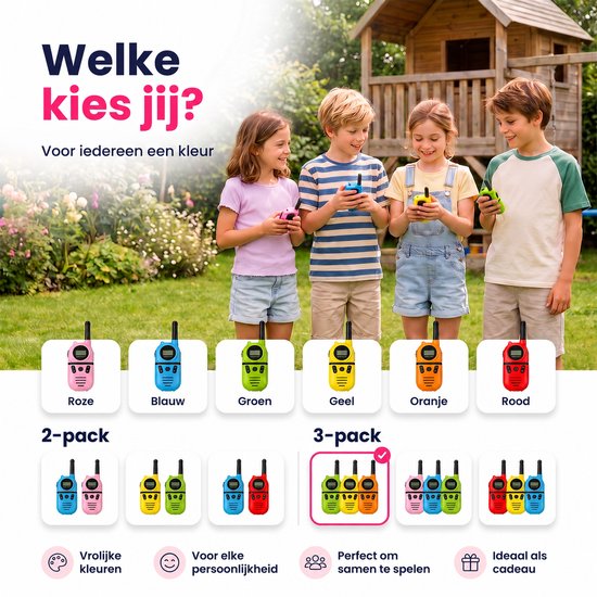 Vier kinderen in een tuin, elk met een Sencision walkie talkie in verschillende kleuren. 'Welke kies jij?' staat boven de afbeelding.