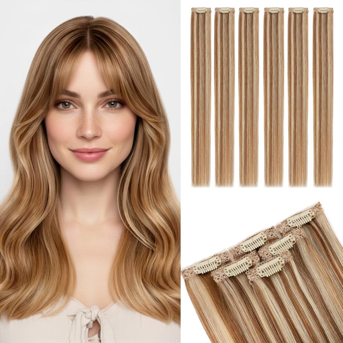 Clip-in extensies van echt haar, 6 stuks, 25 cm, haarverlenging, natuurlijk, Single Clip Hair Extension highlights voor vrouwen, glad, Hellbraun/Blond (#6P613, 31g)