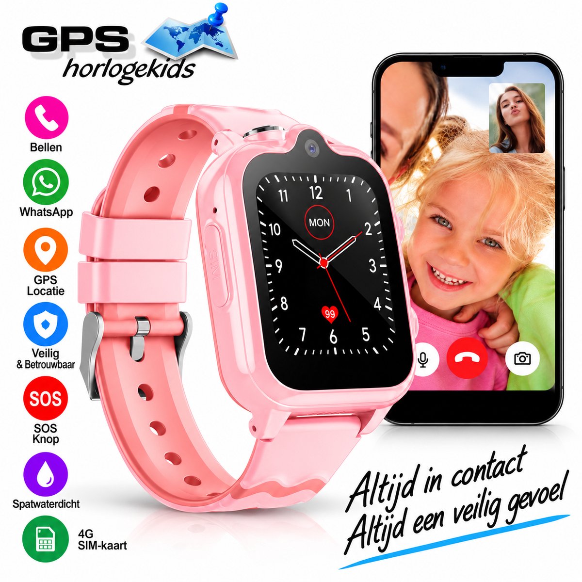 Bol.com GPSHorlogeKids© - GPS horloge kind - smartwatch kinderen - WhatsApp - 4G videobellen - spatwaterdicht - SOS alarm - Dual... aanbieding