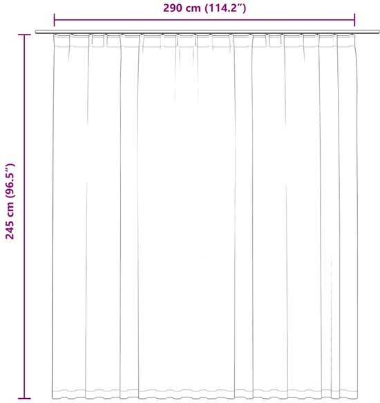 Schematische tekening van een lichtgrijs gordijn dat 290 cm breed en 245 cm hoog is.