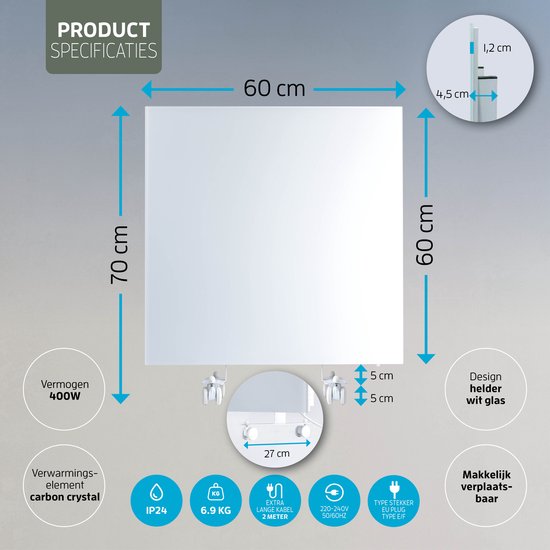 Specificaties: 60x70cm, 400W vermogen, carbon kristallen verwarmingselement, IP24, 6.9 KG, 2 meter kabel, 220-240V, EU stekker, ontwerp helder wit glas.