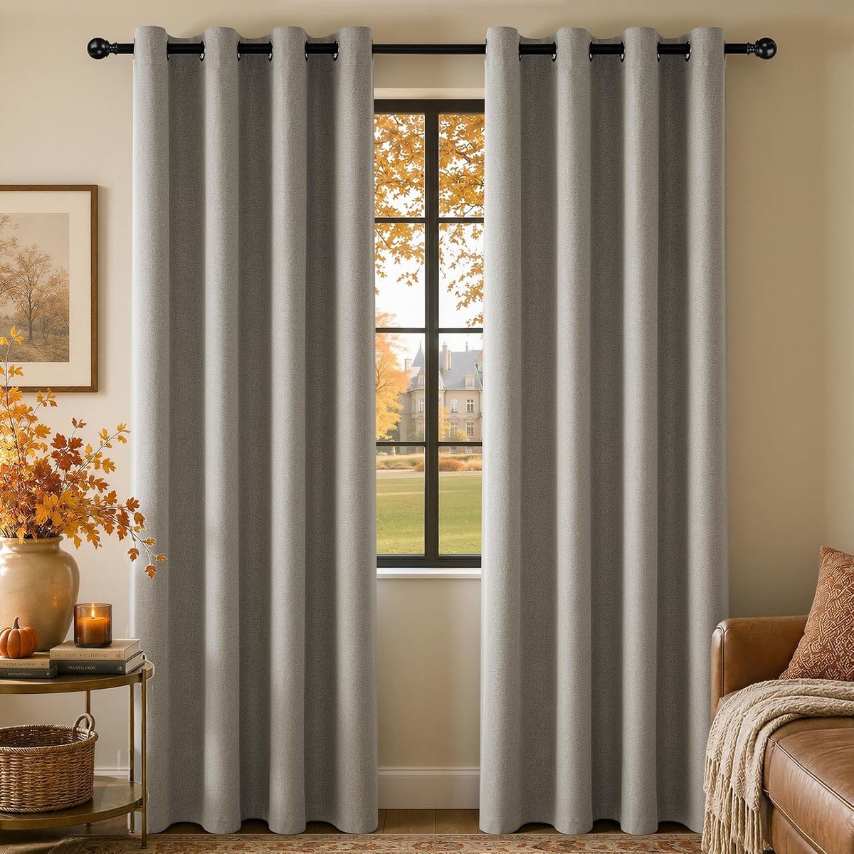 100% verduisterend, linnenlook, H 220 x B 140 cm, Taupe thermogordijnen met oogjes, set van 2 voor slaapkamer, woonkamer en kinderkamer