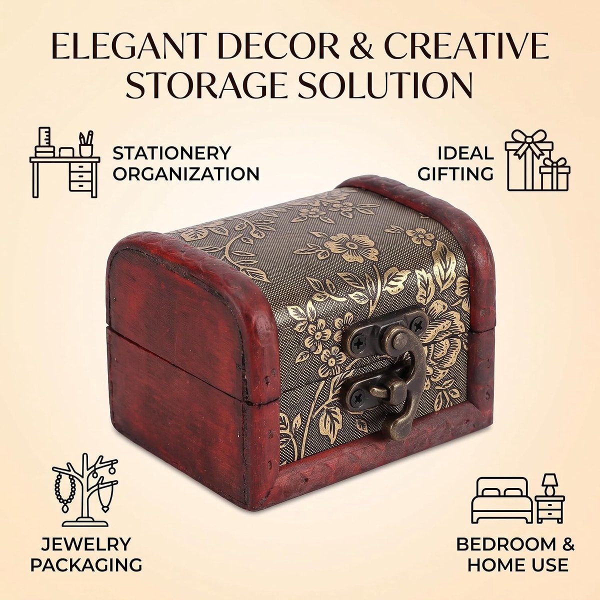 Dailygoods- Opbergdoos Vintage Houten - Juwelendoos met Slot - Decoratieve Opbergdoos - Sieraden Kistje - Duurzaam Hout - Elegant Ontwerp