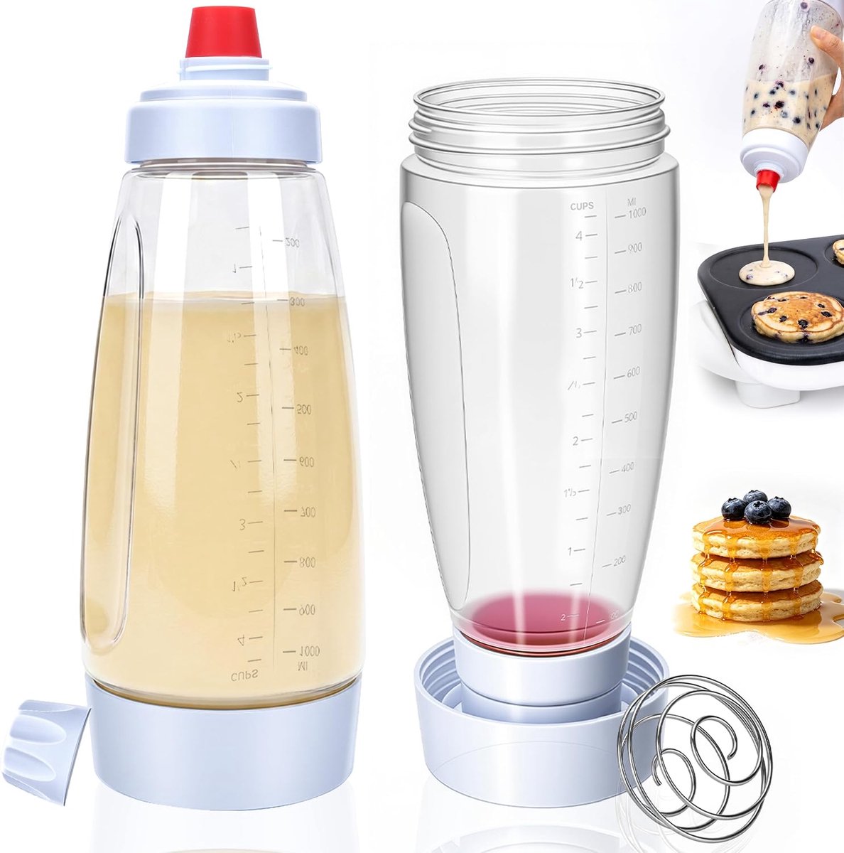 YAGXIG 2-delige pannenkoekbeslagdispenser - Pannenkoekbeslagspreider - Keukenbeslagdispenser - Beslagmengfles - Geschikt voor pannenkoeken, wafels, crêpes, cupcakes - 1000 ml