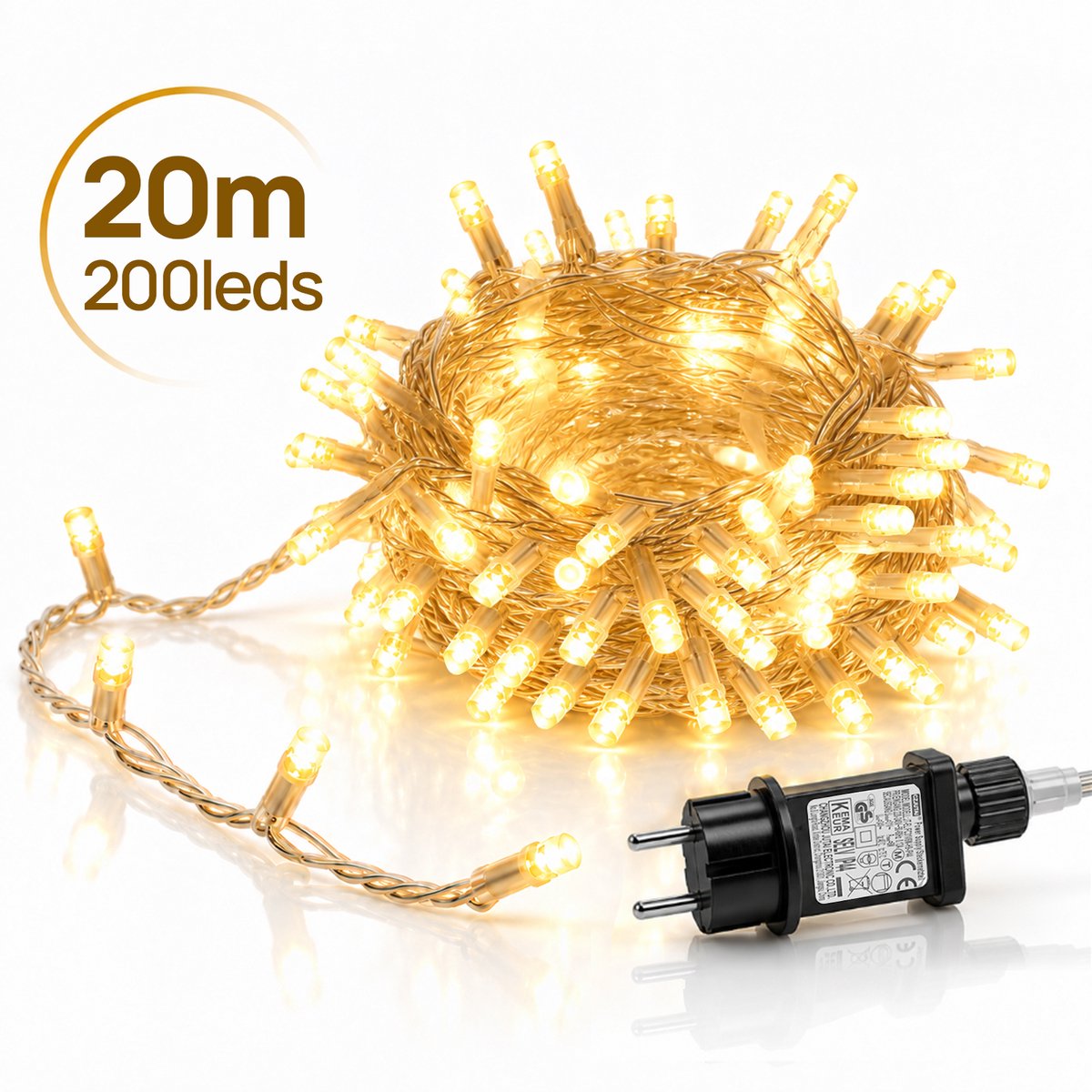 Lapamax LED Lichtsnoer - Kerstverlichting 20 m 200 LEDs Warm Wit - Met Tail Plug - 31 V Laagspanning met Timer, Geheugen en 8 Lichtstanden - Kerstboomverlichting met Adapter en 3 m Aanloopsnoer